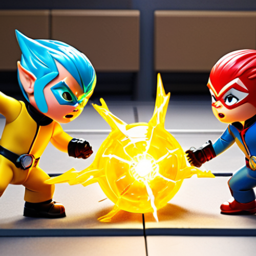 **

A storyboard panel depicting Volt, Sammy, Lucy and Max, the Mini Force heroes, in a dynamic action scene. Bright colors and energetic poses. Focus on teamwork and their individual, recognizable colors.

**