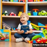Home 21 미니특공대 완구 할인 정보 - A vibrant indoor toy store scene featuring a young child sitting on the floor, excitedly playing wit...