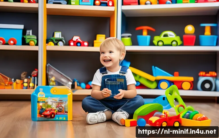 미니특공대 완구 할인 정보 - A vibrant indoor toy store scene featuring a young child sitting on the floor, excitedly playing wit...