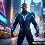 Home 19 미니특공대 볼트의 상징적 장면 - A dynamic action scene featuring Bolt, a courageous animated hero clad in a sleek, futuristic suit w...