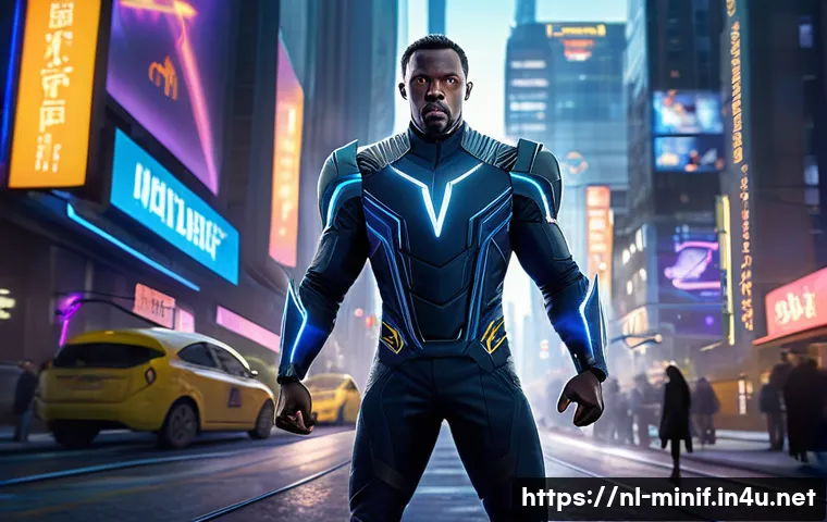 미니특공대 볼트의 상징적 장면 - A dynamic action scene featuring Bolt, a courageous animated hero clad in a sleek, futuristic suit w...