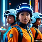 Home 18 미니특공대 에피소드별 리뷰 - A vibrant scene featuring a diverse team of young heroes in colorful, futuristic uniforms with visib...