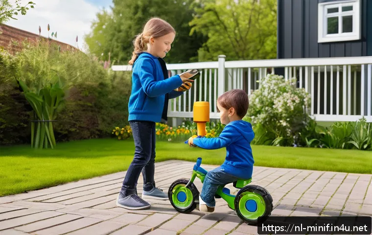 미니특공대 볼트의 기술력 설명 - A lively Dutch suburban backyard scene featuring a group of diverse children aged around 6 to 10 pla...