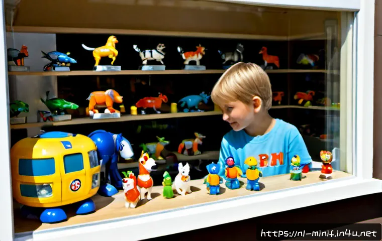 Home 17 미니특공대 완구 재생산 정보 - Photorealistic Dutch family toy shop scene, a parent and child examining a neatly displayed reissued...