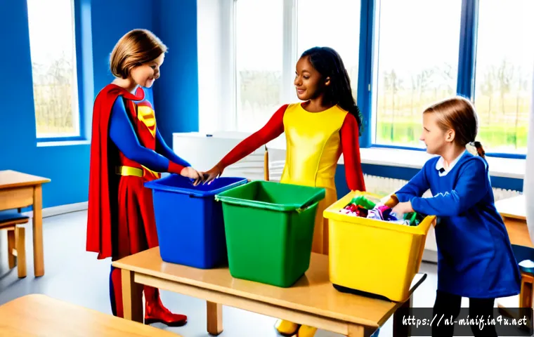 Home 17 미니특공대의 교육적 메시지 - Photorealistic Dutch primary school classroom, four diverse children in simple colorful superhero-in...
